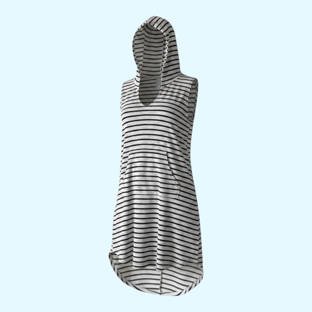 Kona Sol Sleeveless Hooded Swim Cover Up Dress Black White Striped Women's L